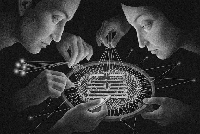 A black-and-white surreal illustration depicts two figures meticulously stringing a geometric web inside a circular frame, illuminated by a small flame.