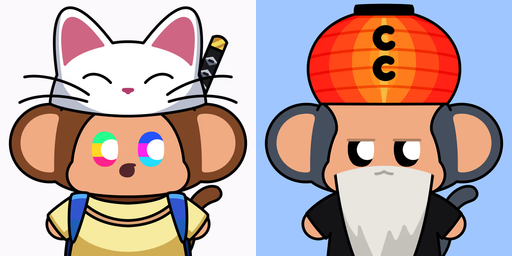 Two cartoon monkey characters side by side, one wearing a white cat-eared hat with a paintbrush and colorful eyes, and the other with a long white beard and a red Chinese lantern on its head.