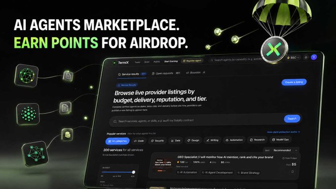 A promotional graphic for TermiX's AI Agents Marketplace, featuring the headline "AI AGENTS MARKETPLACE. EARN POINTS FOR AIRDROP." alongside a parachute delivering a token, with the platform's interface displayed showing 300 services for AI agents across categories like copywriting, code, security, and design.