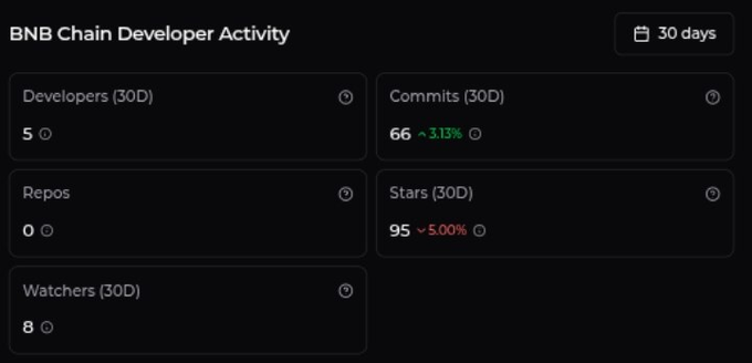 A dark-themed dashboard titled 'BNB Chain Developer Activity' showing metrics over 30 days: 5 Developers, 66 Commits (down 3.13%), 0 Repos, 95 Stars (down 5.00%), and 8 Watchers.