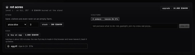 Dark-themed web3 game interface titled "rot acres" (level 1, At 511, 257) with a chat input "tell pomace what to do: rob, gaslight, join my crew, eat pizza..." and eggs available to buy or "egg #1 ripe in 1h 57m".