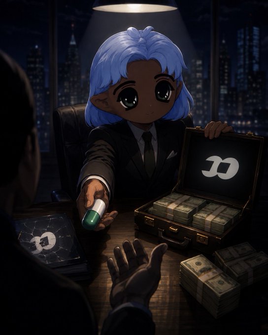 Anime-style character with blue hair and pointed ears sits in a chair at night, handing a pill to another person across a desk with stacks of cash and an open briefcase showing a cryptocurrency logo.