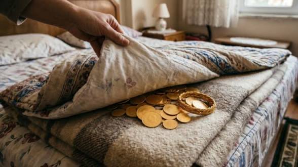 A hand lifts a pillow on a patchwork quilt to reveal a hidden stash of gold coins and a gold bracelet underneath, evoking a tale of secret savings.