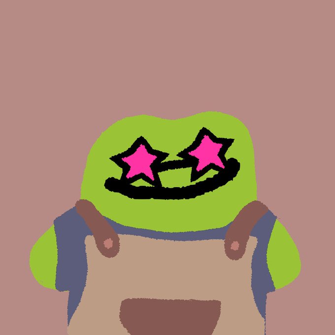 A simple digital drawing of a green cartoon character wearing star-shaped pink sunglasses and a tan outfit with blue shoulder straps, set against a pink background.