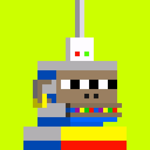 A pixel art illustration of a cartoonish laboratory machine with a transparent tube on top, a row of buttons, and a color-coded display panel.