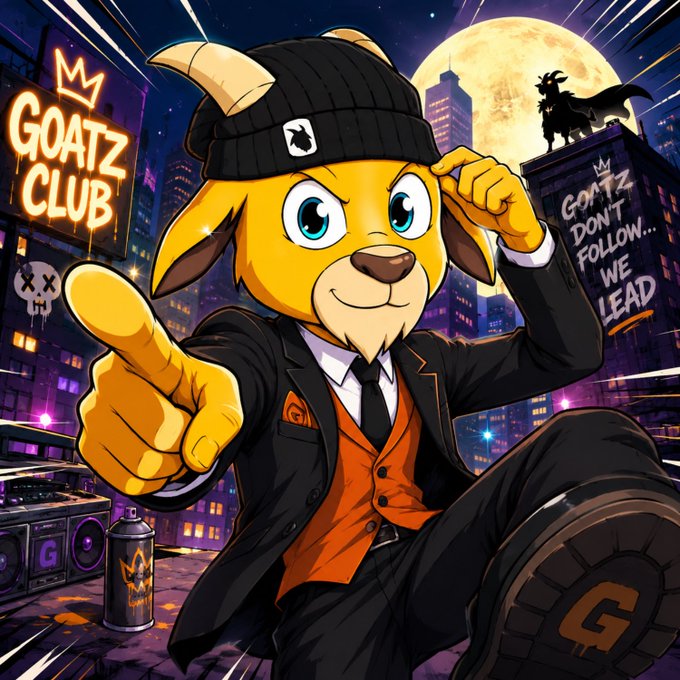 Vibrant cartoon-style artwork of a yellow goat character in a black suit and beanie pointing at the viewer, with neon signs reading 'GOATZ CLUB' and 'GOATZ DON'T FOLLOW... WE LEAD' in an urban nightscape.