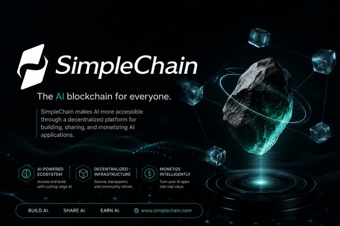 A promotional graphic for SimpleChain describing it as 'The AI blockchain for everyone,' highlighting AI-powered ecosystem, decentralized infrastructure, and intelligent monetization, with the tagline 'BUILD AI. SHARE AI. EARN AI.' and website www.simplechain.com.