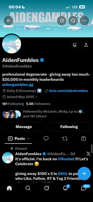 A mobile screenshot of a Twitter/X profile for 'AidenFumbles' (@AidenFumbles) with a pinned tweet announcing they're back on Roobet and giving away $100 x 5 in SOL for likes, follows, retweets, and tagging friends.