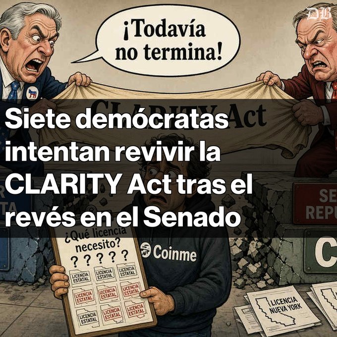 A Spanish-language cartoon illustration with text 'Siete demócratas intentan revivir la CLARITY Act tras el revés en el Senado' showing political figures pulling back a curtain labeled 'CLARITY Act' while a confused person in a 'Coinme' hoodie holds a board asking '¿Qué licencia necesito?'.