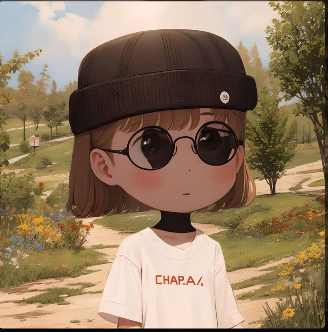 An anime-style illustration of a girl with short brown hair, round black sunglasses, and a black beanie, wearing a white t-shirt with 'CHAPA%' written on it, standing in a sunny park landscape.