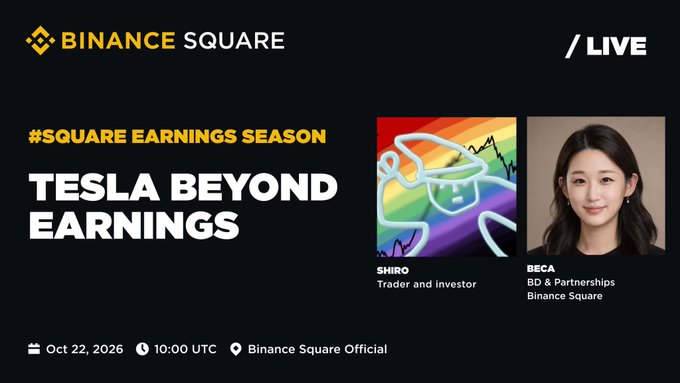 Binance Square promotional graphic for “TESLA BEYOND EARNINGS,” featuring speakers SHIRO and BECA, scheduled for Oct 22, 2026 at 10:00 UTC.