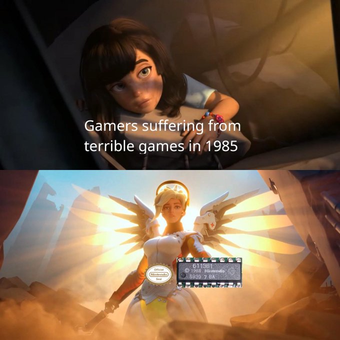 The image shows two different scenes, one of a girl with wings holding an angelic figure and the other of a woman holding a computer chip. The caption below the images reads " Gamers suffer from Terrible games in 1985".