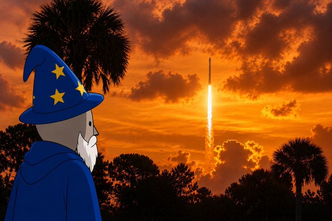 A cartoon wizard in a blue star-decorated hat watches a rocket launching into a fiery orange sunset sky, symbolizing the optimistic expectation of a bullish market breakout. The imagery directly mirrors the post's confident prediction that "charts look bottomed and ready to move up higher" after a strong first week of July.