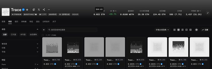An NFT marketplace showing a collection called 'Trace' with ETH price of 0.022, displaying multiple grayscale pixel-art style digital artworks as NFT listings with various prices and editions.
