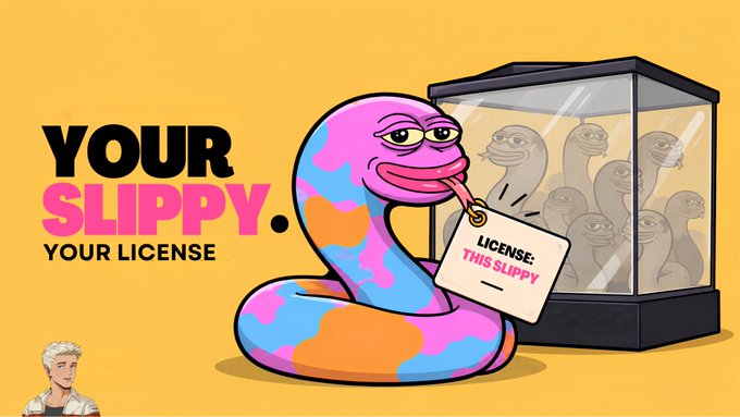 A promotional graphic with yellow background reading 'YOUR SLIPPY. YOUR LICENSE' featuring a colorful pink, blue, and orange cartoon snake wearing a license tag that says 'LICENSE: THIS SLIPPY'.