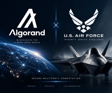A promotional graphic featuring the Algorand blockchain logo on the left and the U.S. Air Force logo on the right, separated by an 'x', with a fighter jet and globe in the background. Text highlights 'Secure Multiparty Computation', 'Privacy', 'Security', and 'Collaboration'.