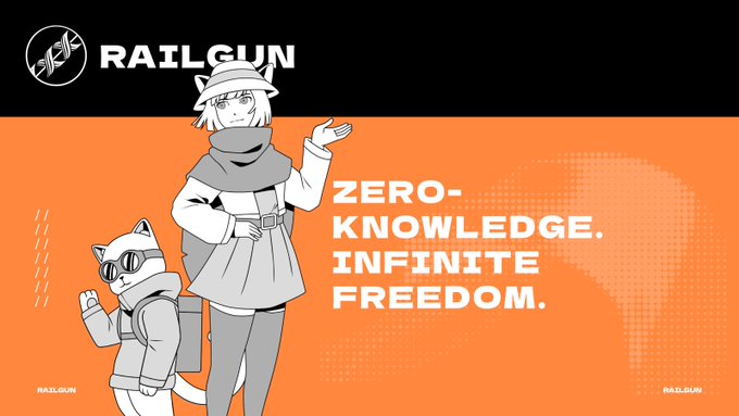 A promotional graphic for RAILGUN featuring anime-style characters with cat ears and the tagline 'ZERO-KNOWLEDGE. INFINITE FREEDOM.'