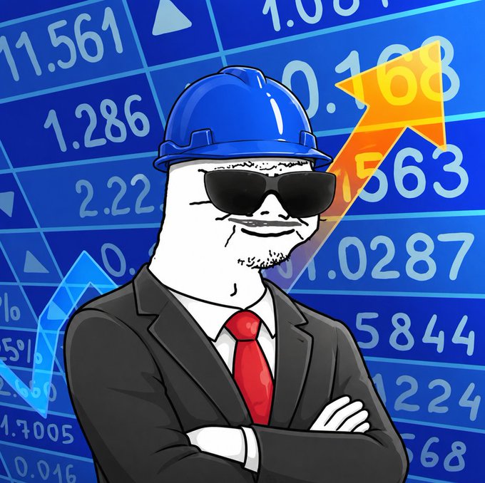 A Wojak-style meme character wears a blue hard hat, sunglasses, and a black suit with a red tie, standing confidently with arms crossed against a background of stock market numbers and arrows. The imagery connects to the post "Unc put on the suit… stonks never stood a chance," portraying the "Unc" character dressed for business success with stonks (stocks) guaranteed to rise.