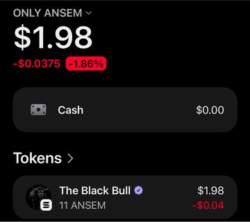 A crypto wallet screen showing ONLY ANSEM token at $1.98 (-1.86%), with $0.00 cash balance and a holding called 'The Black Bull' valued at $1.98 (-$0.04).