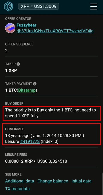 A screenshot of an XRP exchange rate page showing an offer from user "Fuzzybear" to buy 1 XRP using 1 BTC (Bitstamp), with a highlighted "BUY ORDER" priority note stating "The priority is to Buy only the 1 BTC, not need to spend 1 XRP fully," and a confirmation timestamp from January 1, 2014. The image supports the post's prophecy that XRP will eventually surpass Bitcoin in value, referencing this decade-old order as evidence of XRP's long-term potential to "flip BTC."