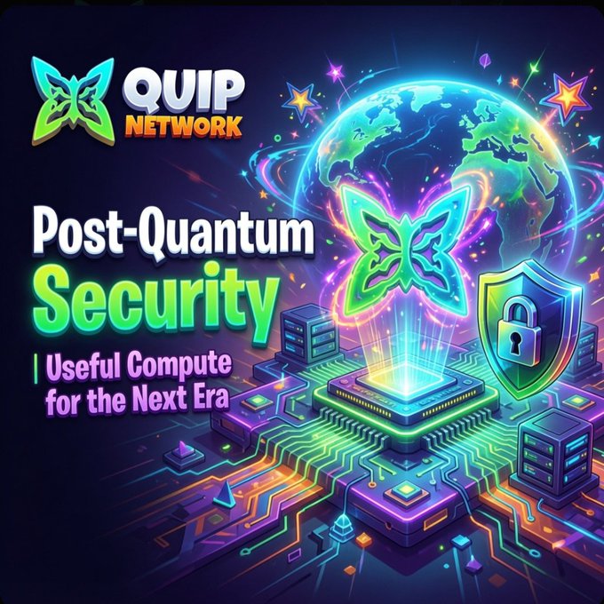 A promotional graphic for 'QUIP NETWORK' advertising 'Post-Quantum Security' with the tagline 'Useful Compute for the Next Era', featuring a butterfly logo and a digital earth.
