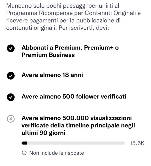 An Italian-language screenshot displays requirements for joining the Original Content Rewards Program, showing checkmarks for Premium subscription, being at least 18, and having 500 verified followers, while lacking 500,000 verified views (currently at 15.5K).