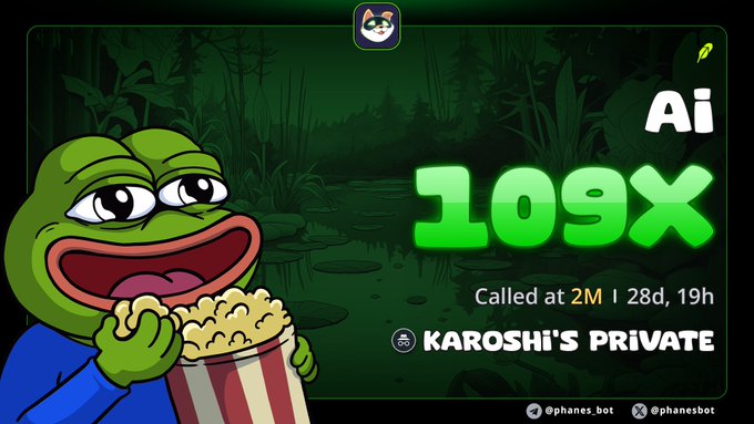A Pepe the Frog meme character holding popcorn appears with text reading 'Ai 109x Called at 2M | 28d, 19h KAROSHI'S PRIVATE' alongside @phanes.bot social media handles.