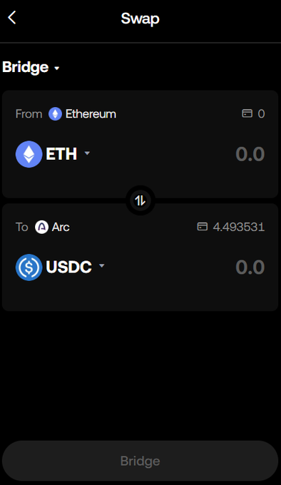 Mobile Swap/Bridge interface bridging ETH from Ethereum to USDC on Arc, showing a balance of 4.493531 USDC.