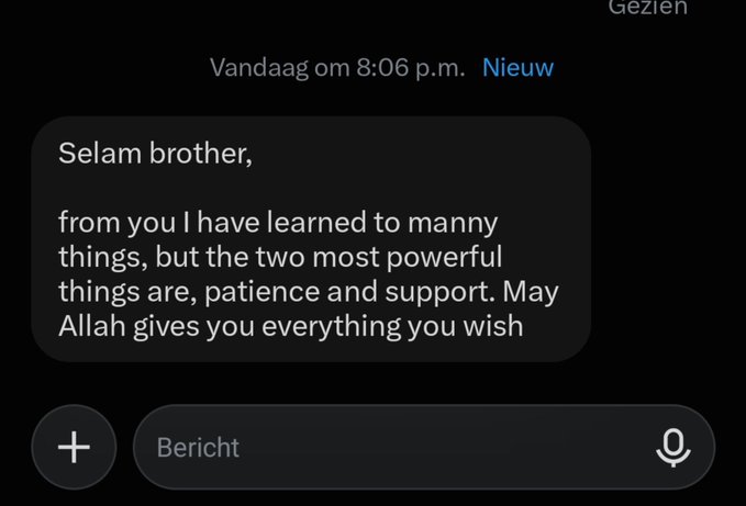A screenshot of a Dutch WhatsApp message that reads, "Selam brother, from you I have learned to many things, but the two most powerful things are, patience and support. May Allah gives you everything you wish," posted to support advice about holding crypto projects like $ZEC longterm rather than day trading.