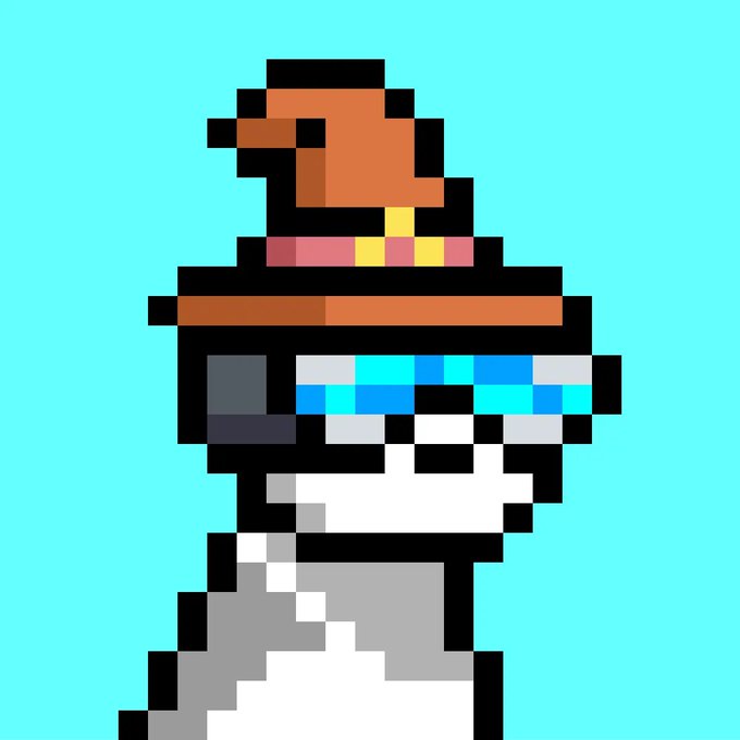 A low-resolution pixel art character with a blocky orange head, multicolored striped shirt (blue, cyan, gray), and gray legs stands against a solid cyan background.