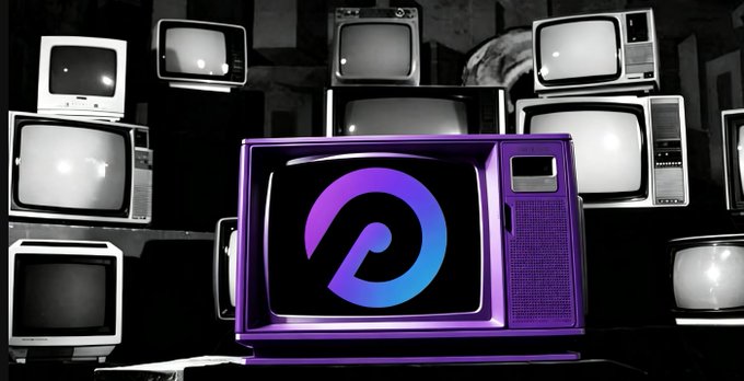 A purple vintage television displaying a stylized blue and purple swirl logo, set against a backdrop of numerous old-fashioned black-and-white televisions.