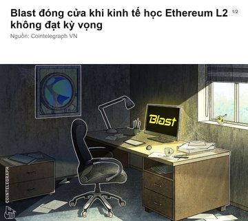 A Cointelegraph article thumbnail with Vietnamese text 'Blast dòng của khi kinh tế học Ethereum L2 không đạt kỳ vọng' (Source: Cointelegraph VN), showing an illustrated empty office with a computer displaying 'Blast' on its screen.