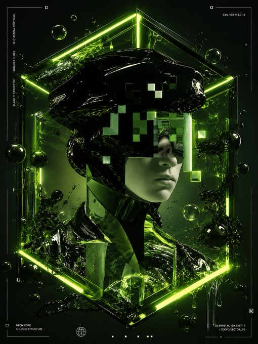 A digital art piece featuring a hooded figure with pixelated green sunglasses inside a glowing green neon cube, with technical labels including 'SYS VER // 2.7.10', 'NEON CORE', and '>> LUCID STRUCTURE'.