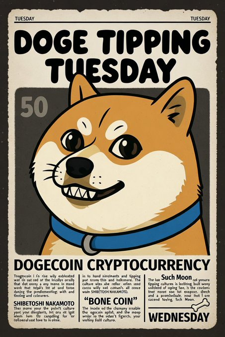 A vintage newspaper-style poster titled 'DOGE TIPPING TUESDAY' featuring a Shiba Inu dog illustration and references to 'DOGECOIN CRYPTOCURRENCY' and 'SHIBETOSHI NAKAMOTO'.