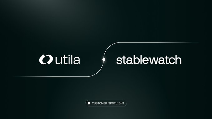 Dark-themed graphic displaying logos for 'utila' and 'stablewatch' connected by a flowing line, with a 'CUSTOMER SPOTLIGHT' tag at the bottom.