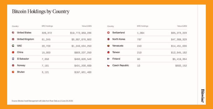 A Bitwise infographic titled 'Bitcoin Holdings by Country' listing nations like the United States (328,372 BTC) and Ukraine (3,121 BTC) with their holdings and USD values as of June 30, 2025.