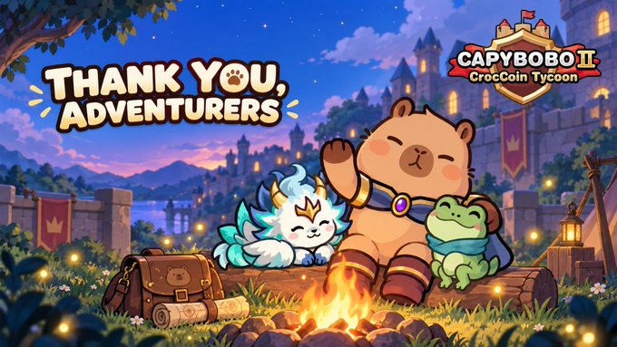 A 'Thank You, Adventurers' graphic for the game 'Capybobo II CrocCoin Tycoon' featuring cartoon animals by a campfire.
