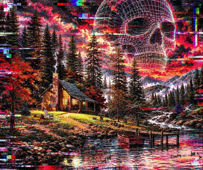 A glitch art digital artwork featuring a warm, glowing cabin in a forest landscape with a river and dock, overlaid with a wireframe skull and red sky with digital distortion artifacts.