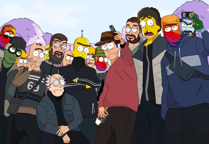 A Simpsons-style cartoon shows a crowd of masked characters with exaggerated features—some resembling internet personalities and crypto figures—gathered tightly together, with visible text "GHN" and "69" on clothing, matching the post's call to "Quote Repost" with GHN OGs for @GodHatesNFTees artwork. The masked, faceless crowd visually represents the anonymous NFT community members being encouraged to tag and immortalize others in future satirical art.