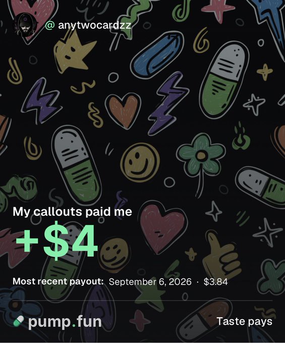 A pump.fun screenshot showing a profile for @anytwocardzz with the text 'My callouts paid me +$4' and 'Most recent payout: September 6, 2026 · $3.84' against a patterned background of doodles.