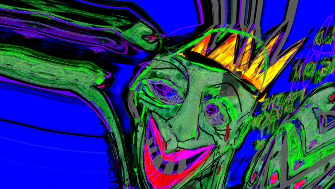 A vivid digital illustration of a green, sinister character with a wide grin, wild hair, and a yellow crown against a bright blue background.
