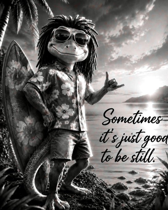 A black-and-white illustration shows a cartoon lizard character with dreadlocks, sunglasses, and a Hawaiian floral shirt, posing with a shaka hand sign while leaning against a surfboard on a tropical beach at sunset. The handwritten text reads, "Sometimes it's just good to be still," echoing the post's message about embracing quiet moments, with "$ZIGGY" tying it to the mascot.