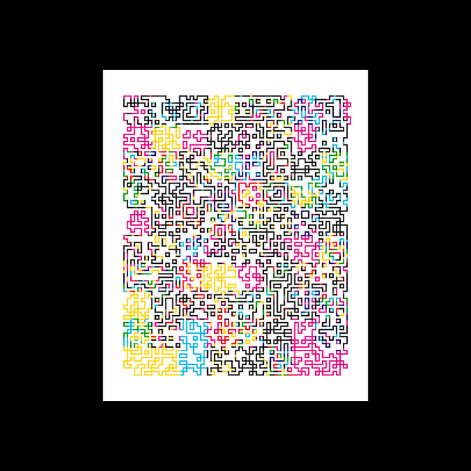 A colorful abstract artwork composed of dense, maze-like geometric patterns in vibrant hues of pink, yellow, green, blue, and black within a white frame.
