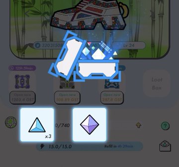 A mobile game interface displays an unboxing animation with a glowing item, loot box rewards, and inventory counters showing 740 and 740 diamonds with a 2-hour recharge timer.