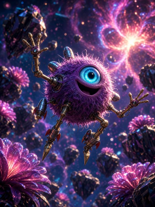 A vibrant digital illustration of a purple fuzzy one-eyed monster featuring rocket thrusters and mechanical limbs, floating through a colorful cosmic scene filled with purple crystals and nebulae.