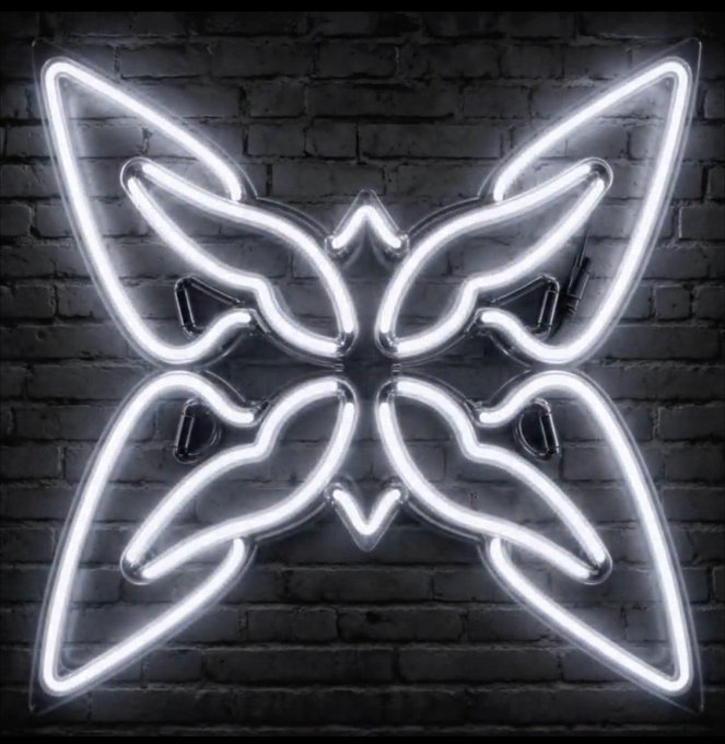A white neon light sign shaped like a butterfly or symmetrical floral design mounted on a dark gray brick wall.