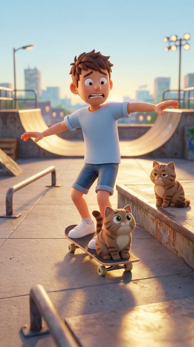 A 3D animated scene shows a young boy balancing nervously on a skateboard with a small orange tabby cat sitting on the front of the board, while another similar cat watches from a skate ramp ledge in the background.