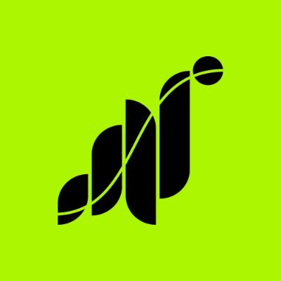 A black stylized icon on a bright green/yellow background, appearing to be a logo depicting an abstract figure or plant-like design.