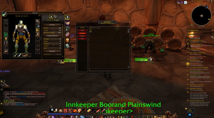 Screenshot of World of Warcraft showing a character interface and innkeeper menu with text 'Innkeeper Boorand Plainswind <Innkeeper>' at the bottom.
