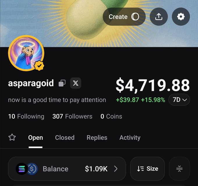 Profile page for user "asparagoid" on a crypto trading platform showing a portfolio value of $4,719.88 (+15.98% over 7D), with 10 following, 307 followers, and 0 coins, plus a balance of $1.09K.